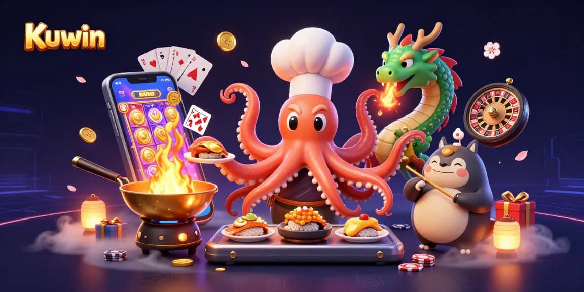 Kuwin: dynamic 3D scene featuring octopus chef, dragon, and tanuki with casino elements