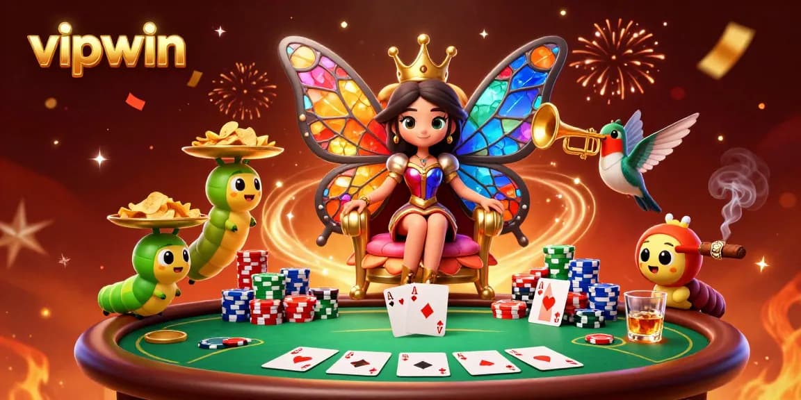 Engage in exhilarating gameplay at vipwin, featuring a vibrant casino theme with colorful characters and poker elements.