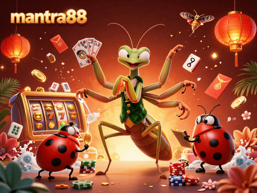 Experience the thrill of mantra88 with a vibrant casino scene showcasing a giant praying mantis card sharp and dynamic game elements.