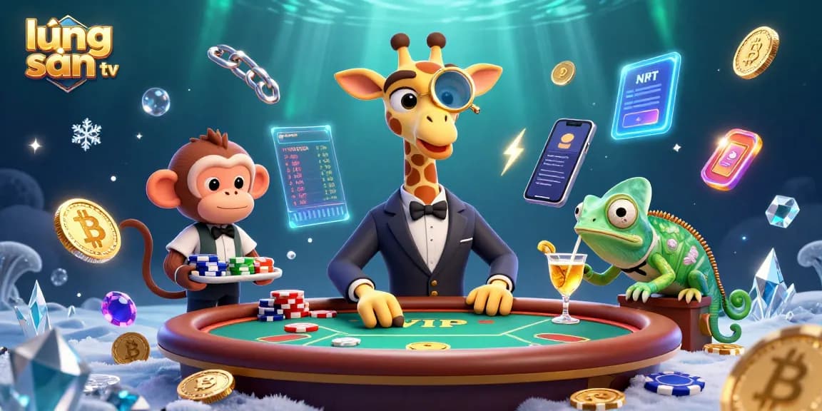 Experience lively gaming action with lương sơn tv featuring a giraffe in poker action surrounded by vibrant crypto elements.