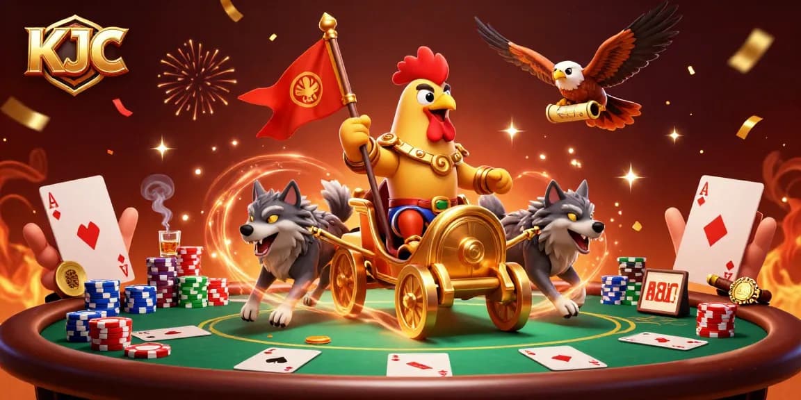 KJC brings excitement with a rooster warlord in a chariot, surrounded by poker games and vibrant celebrations.