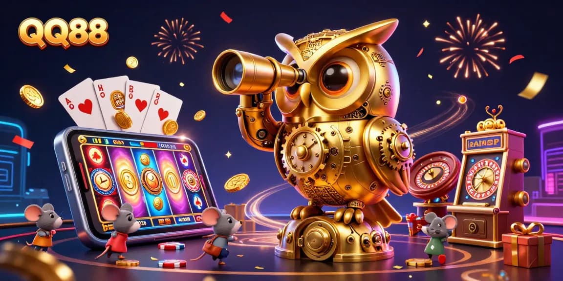 Experience entertainment with QQ88's vibrant casino scene featuring an owl and engaging game elements.