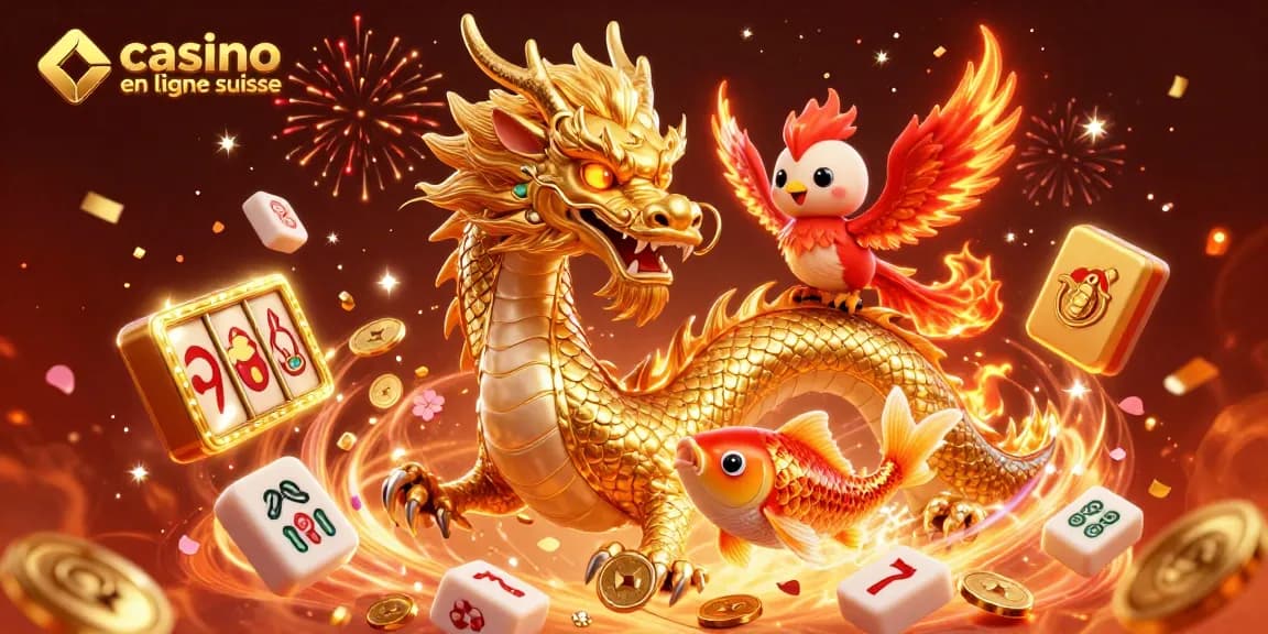 Visualisez l'énergie festive des jeux sur casino en ligne suisse avec un dragon doré et des éléments de machines à sous.