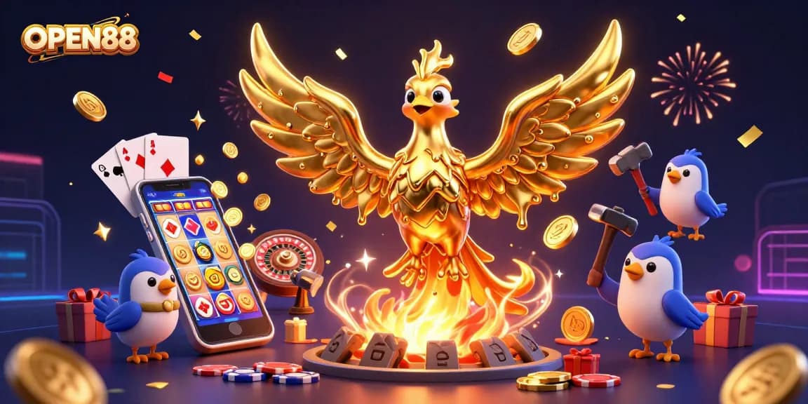 Celebrate winnings at OPEN88 with a golden phoenix, casino games, and vibrant sparks!