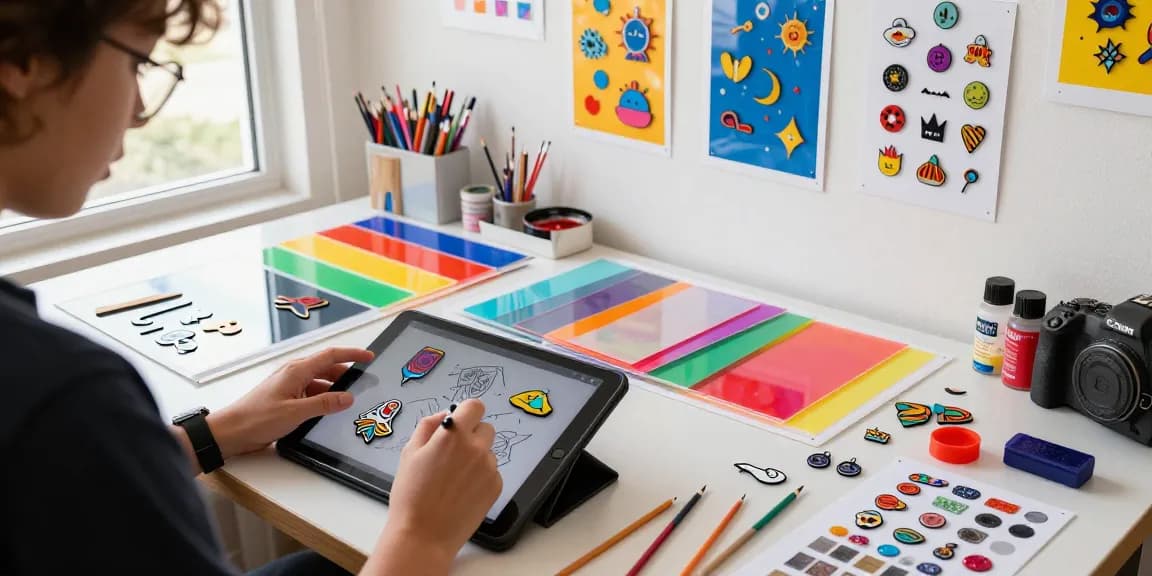 Custom acrylic pins designed in a colourful arts and crafts studio, showcasing creativity and design.