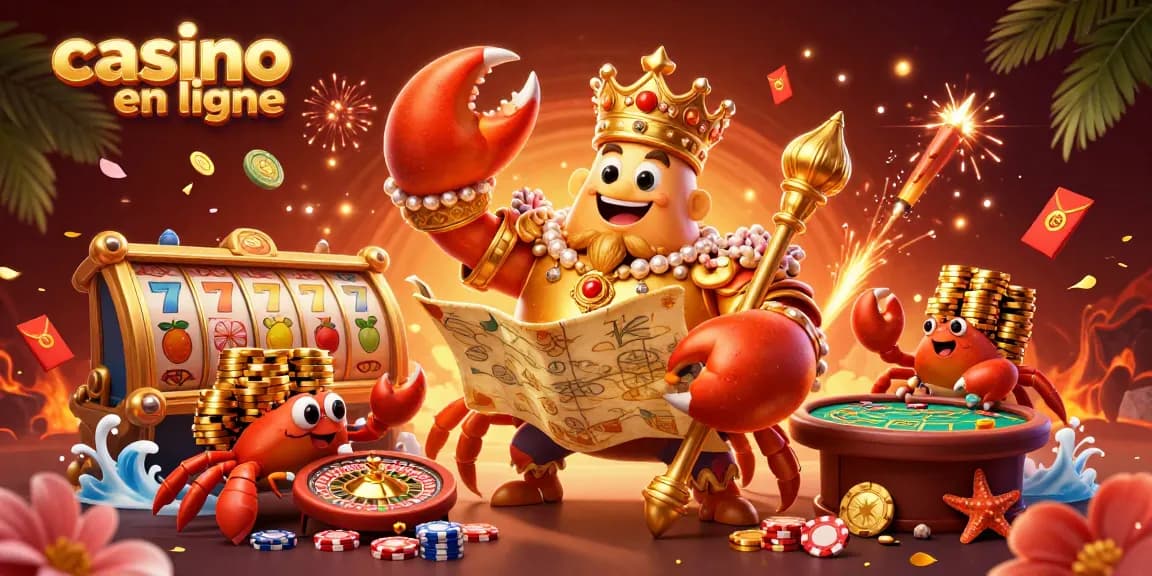 Plongez dans l'univers du casino en ligne avec cette illustration captivante d'un crabe empereur et ses serviteurs, entourés d'éléments de jeu variés.