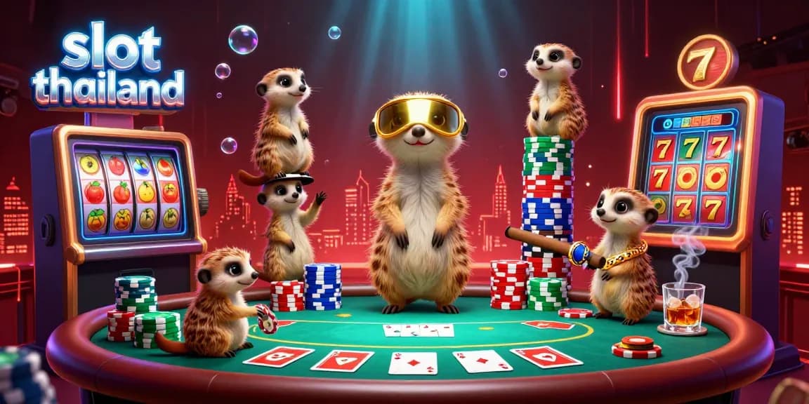 Engage in thrilling slot thailand games while meerkats run a vibrant casino operation featuring jackpot counters and poker chips.