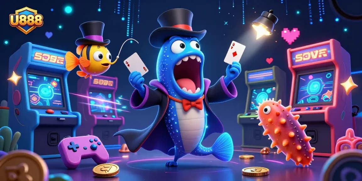 Experience thrilling entertainment at U888 with a colorful 3D casino scene featuring vibrant characters and arcade game elements.