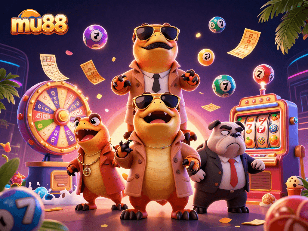 Experience the excitement of mu88 with raptors in a trench coat entering a casino lounge!