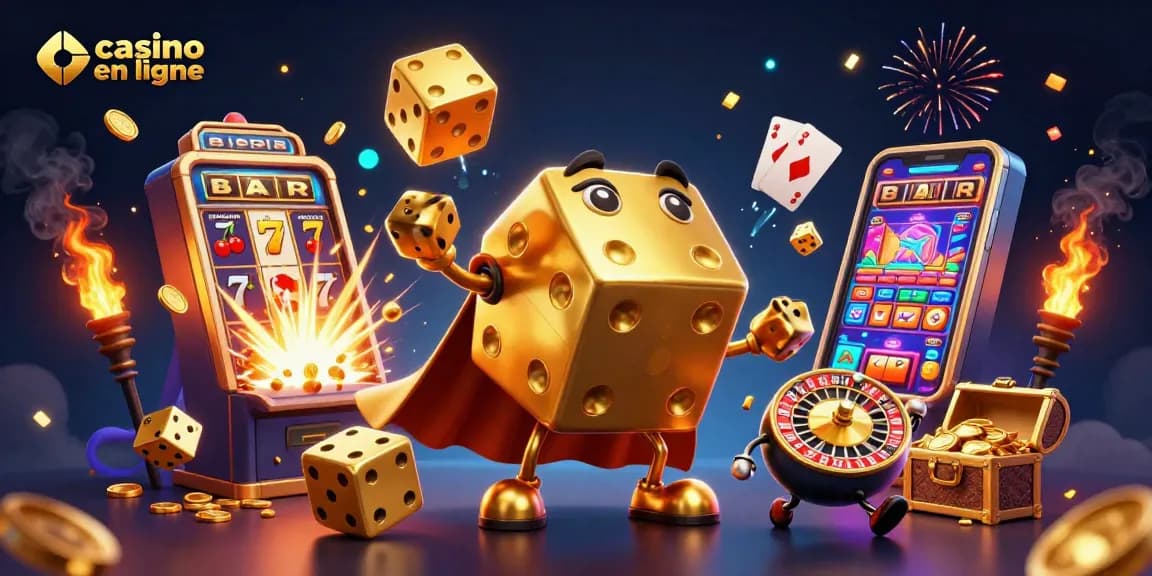 Jouez aux jeux de casino en ligne avec des dés dorés et des machines à sous éclatantes.