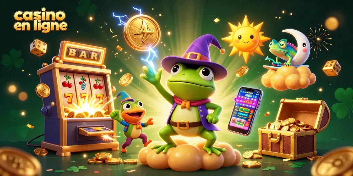 Profitez du casino en ligne avec un mage grenouille créant une tempête de pièces d'or.