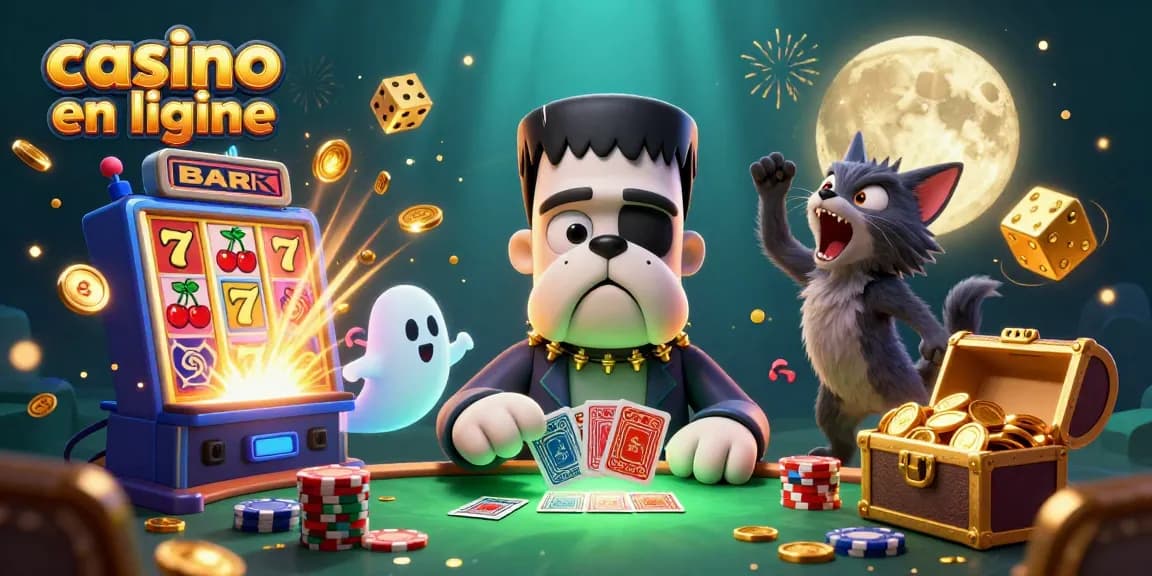 Casino en ligne : illustration 3D animée avec un bulldog Frankenstein et des éléments de jeux de casino.