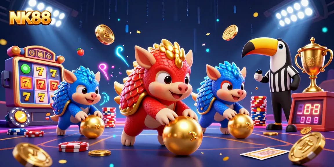 Engage in thrilling NK88 casino gaming with animated pangolins bowling through poker chips.
