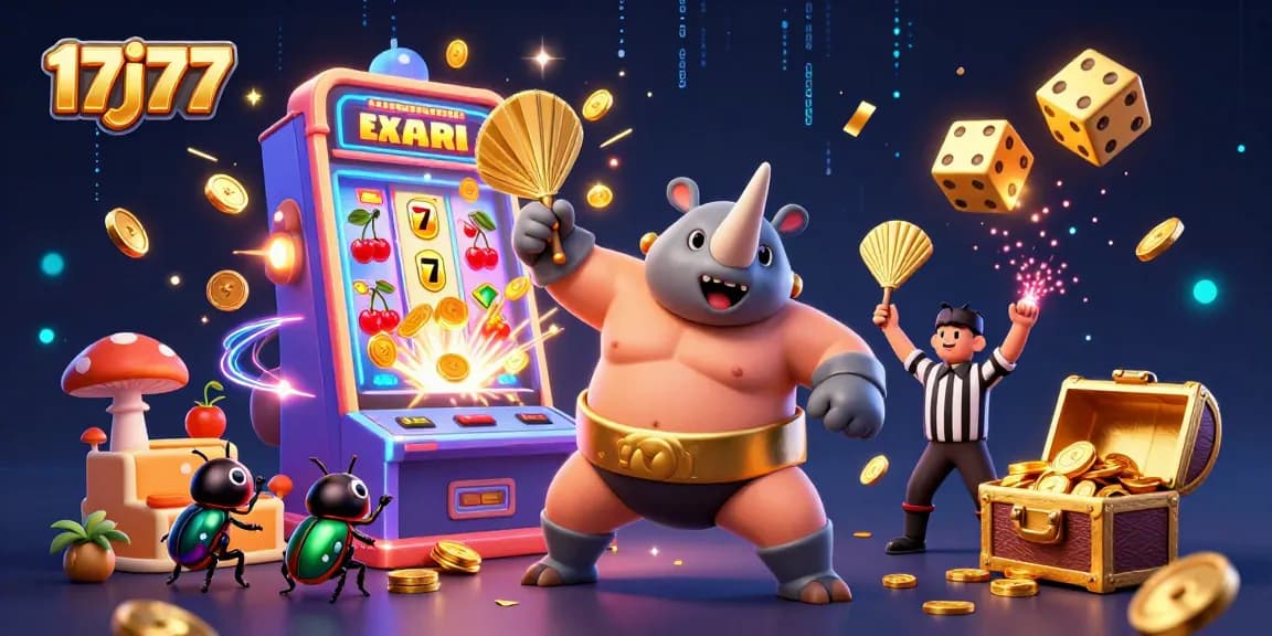 Witness the 17j77 action as a rhinoceros beetle champion stomps for coins amidst thrilling casino elements.