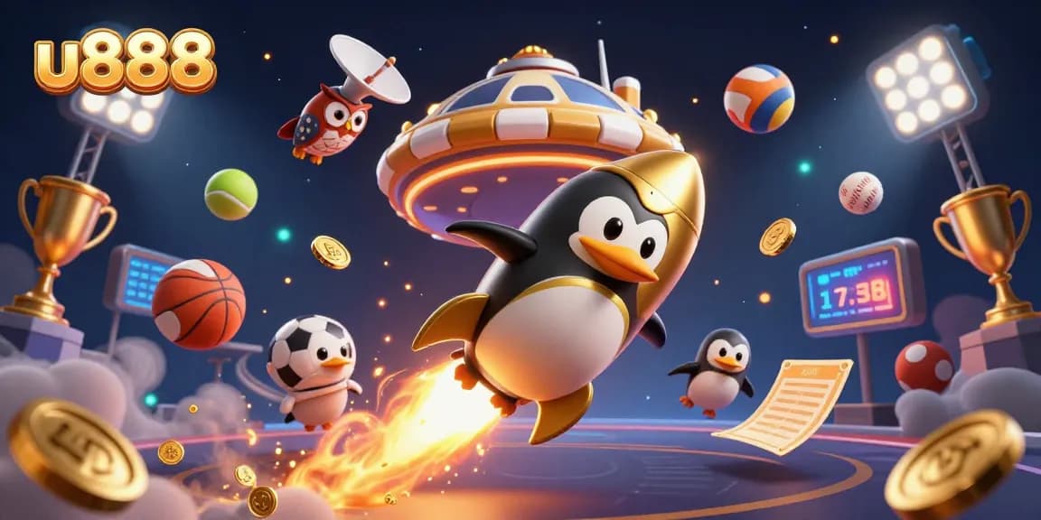 Engage with u888's dynamic golden penguin scene, showcasing thrilling casino gaming elements.