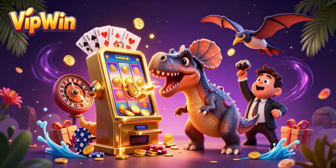 Experience the thrill with VipWin as a cartoon dinosaur interacts with casino games, highlighting jackpot excitement.