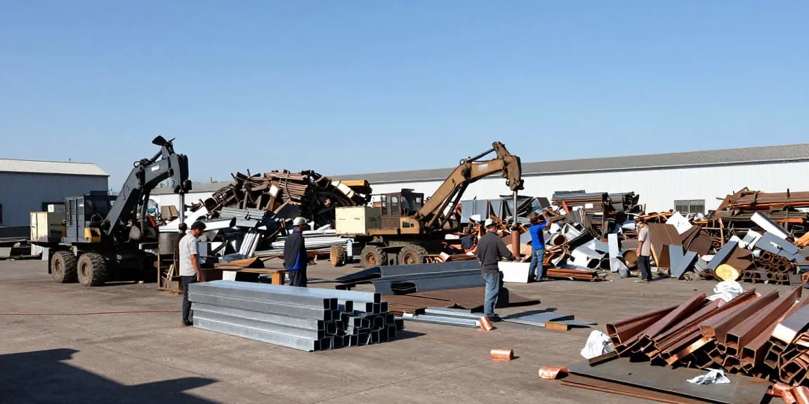 Proses pengolahan logam bekas di https://www.scrapsolutionplace.com/, menampilkan pekerja yang memisahkan berbagai jenis besi dan aluminium.