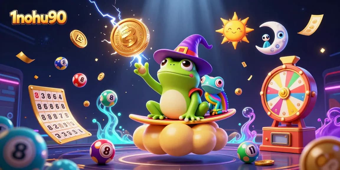 Experience the excitement of winning at 1nohu90 with vibrant lottery balls and a magical frog.