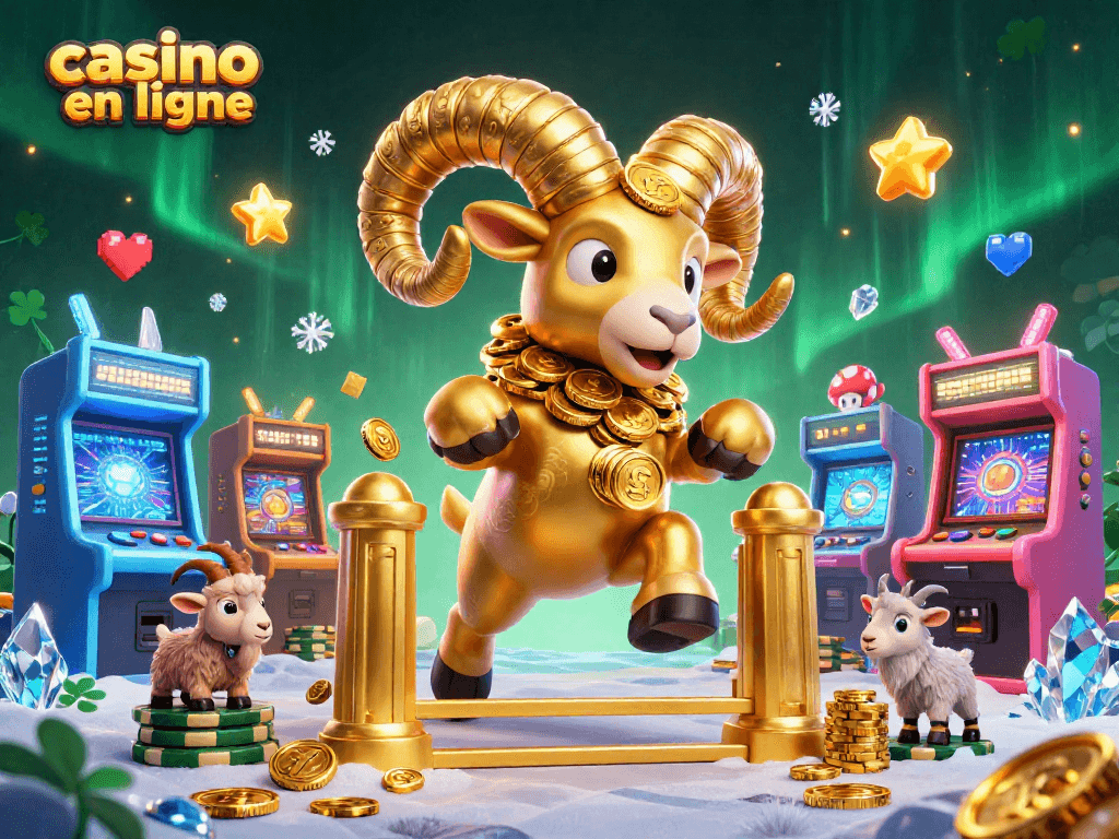 Explorez le casino en ligne avec un majestueux bélier d'or entouré de machines de jeu colorées et de cristaux étincelants.