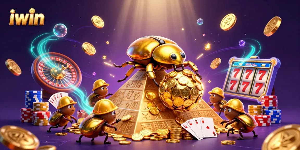 Experience the thrill of iwin as a golden beetle rolls coins, surrounded by casino treasures.