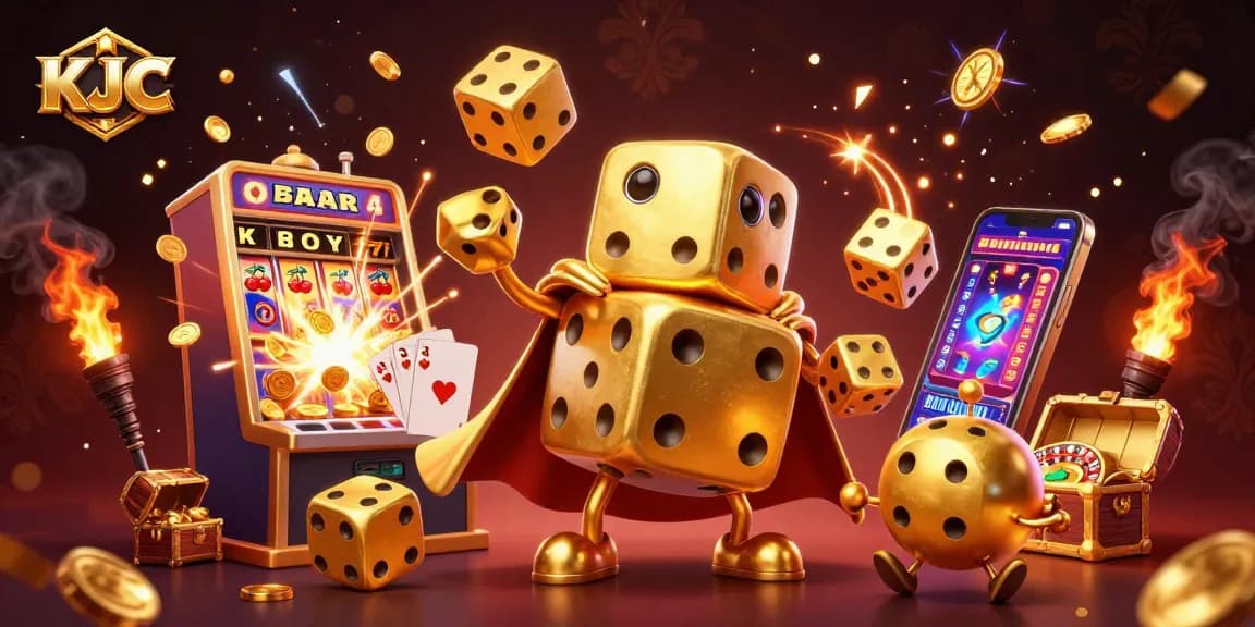 KJC players experience thrilling gaming moments with a golden dice golem amidst a jackpot explosion.