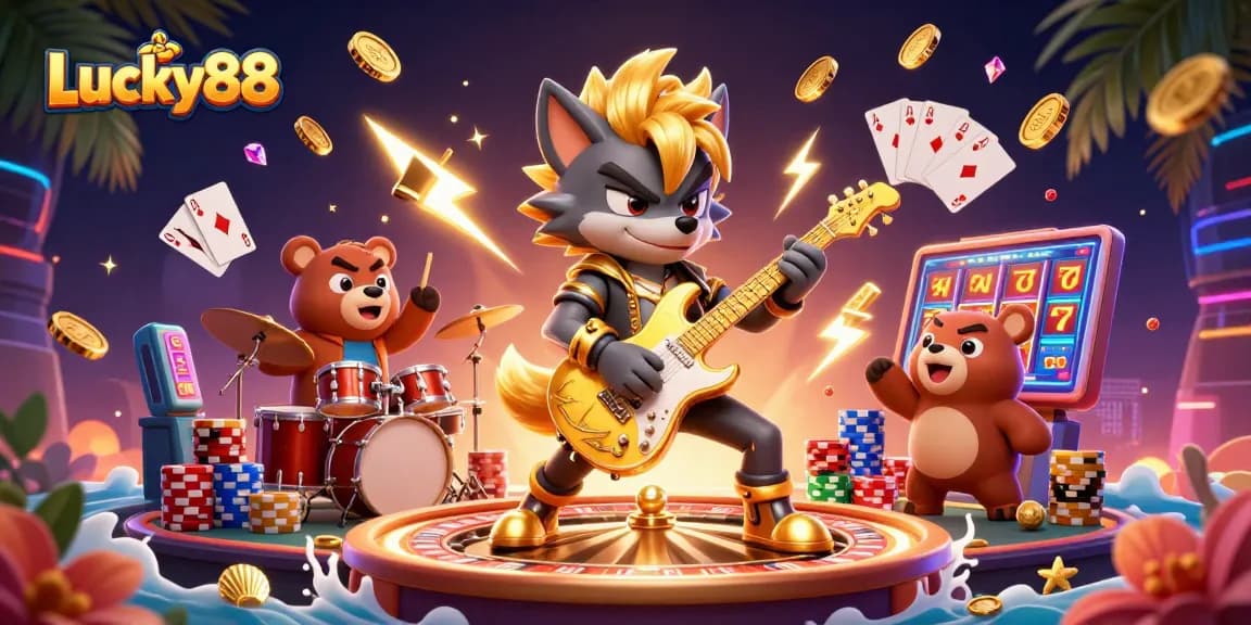 Experience thrilling Lucky88 casino action with vibrant characters, grand visuals, and dynamic game elements.