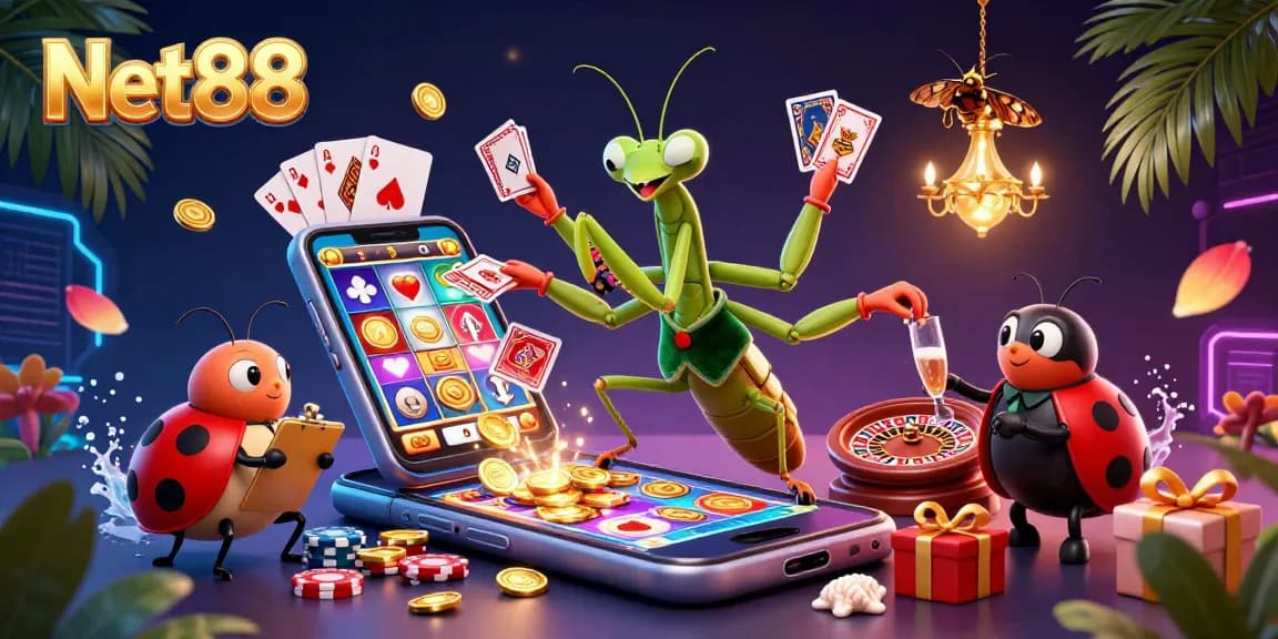 Engage in thrilling gaming with Net88, featuring a vibrant casino scene with animated characters.