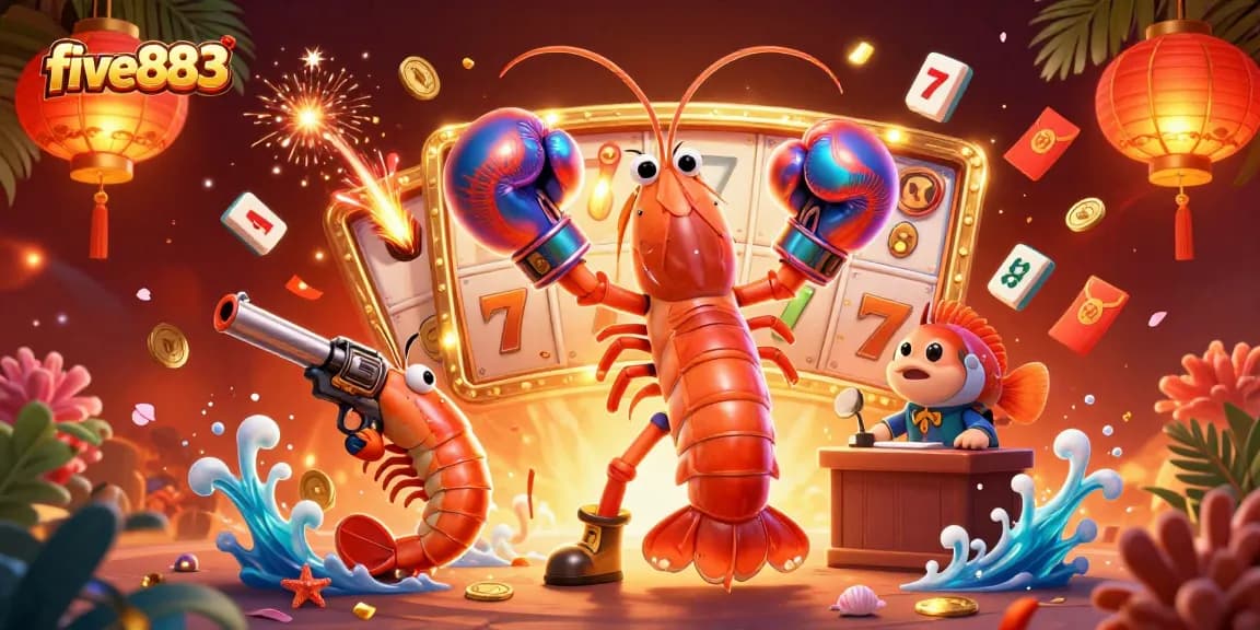 Experience thrilling gaming action with five883’s vibrant 3D illustration of playful sea characters amidst casino elements.