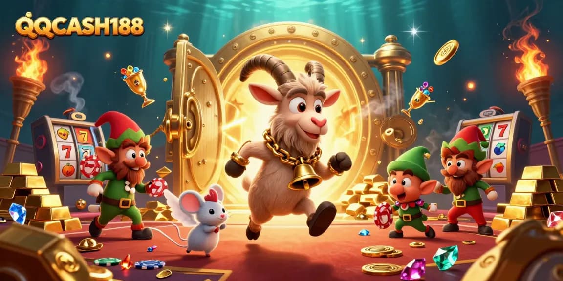 Experience the thrill of QQCASH188's vibrant gaming scene with festive characters and chaotic fun.