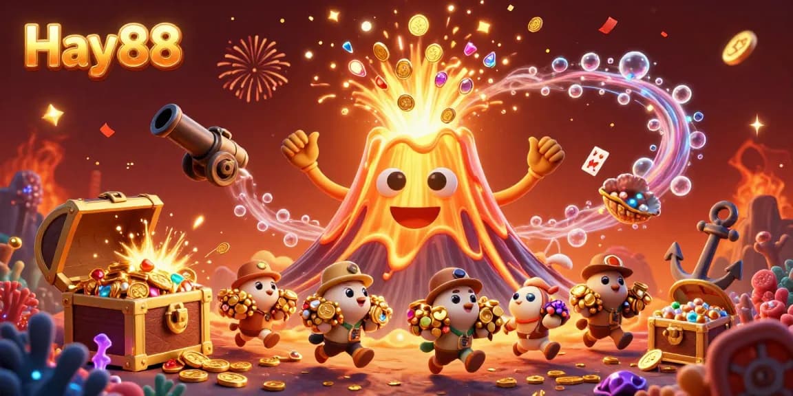 Engage with Hay88's thrilling gameplay as a triumphant golden volcano erupts with treasures in a vibrant casino scene.