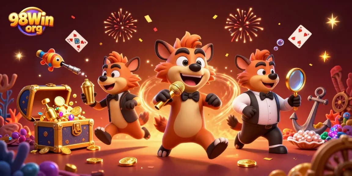 Experience the lively atmosphere of 98Win org with hyenas running a colorful casino club.