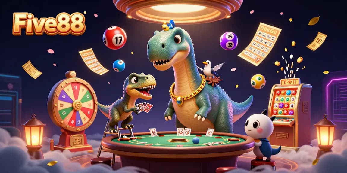 Experience Five88 with an engaging 3D casino scene featuring vibrant lottery elements and characters.
