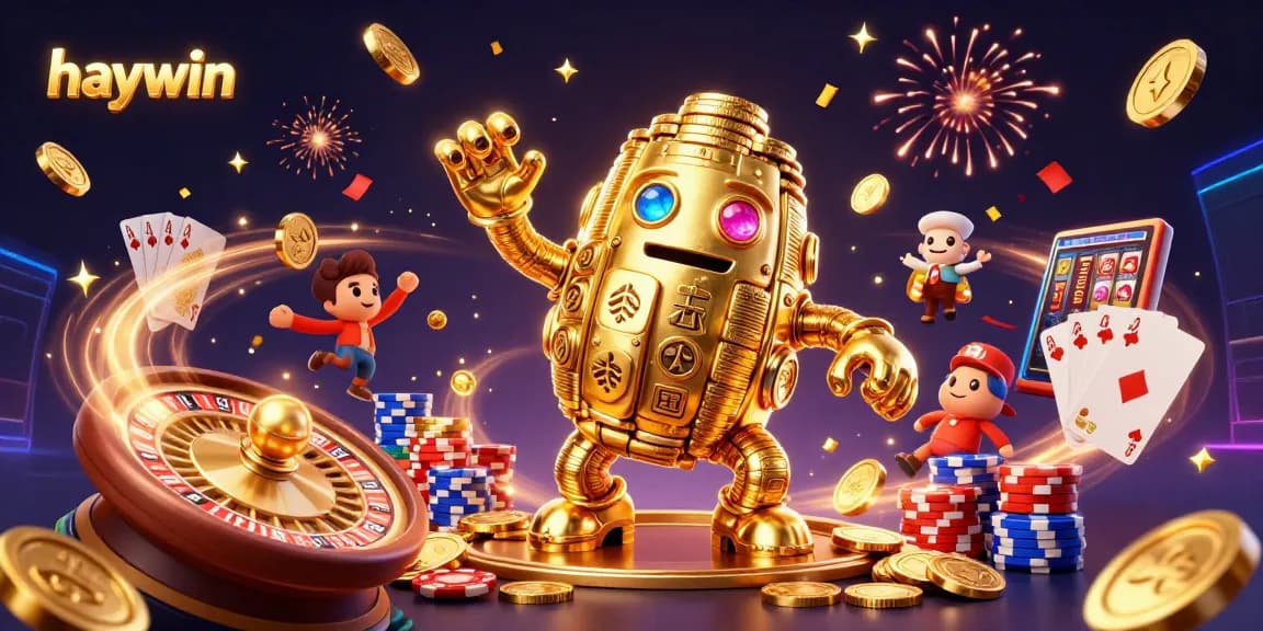 Spin and win at haywin's casino with vibrant golden golem and royal flush display.