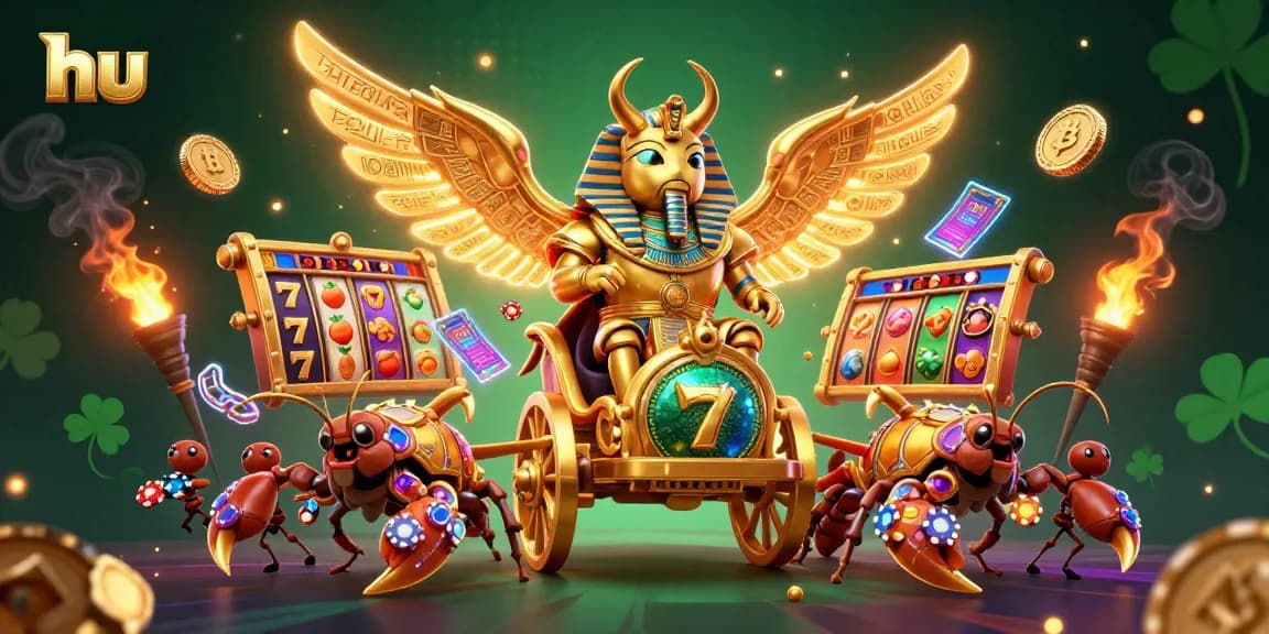 Engage in thrilling gameplay at hu casino with golden beetle chariots and vibrant slot reels.