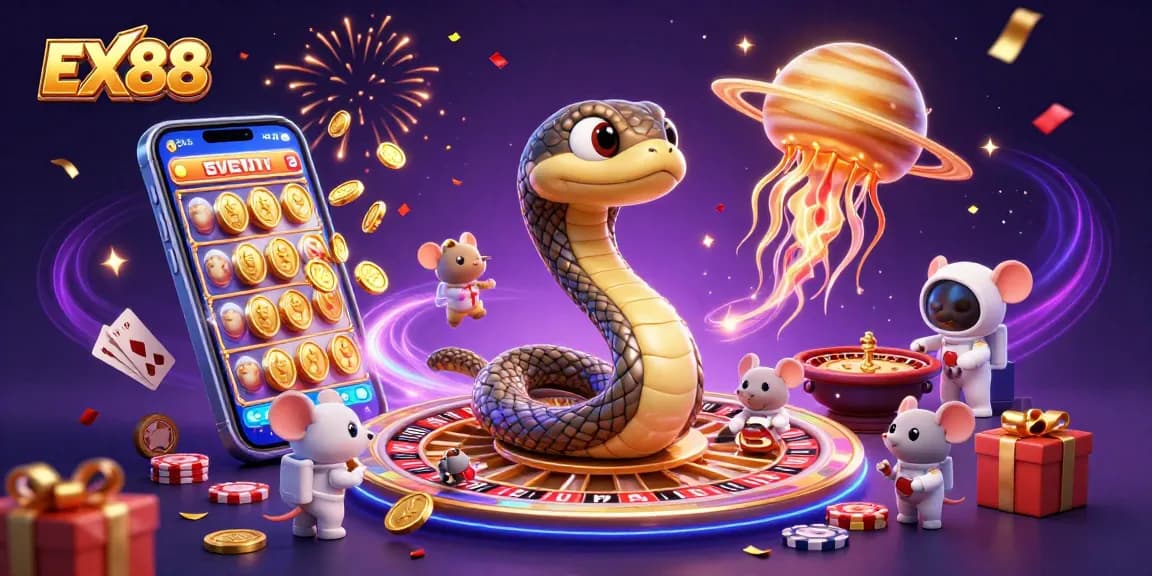Experience thrilling gameplay at EX88 with mice betting on a roulette wheel as jellyfish dealer amid festive chaos.