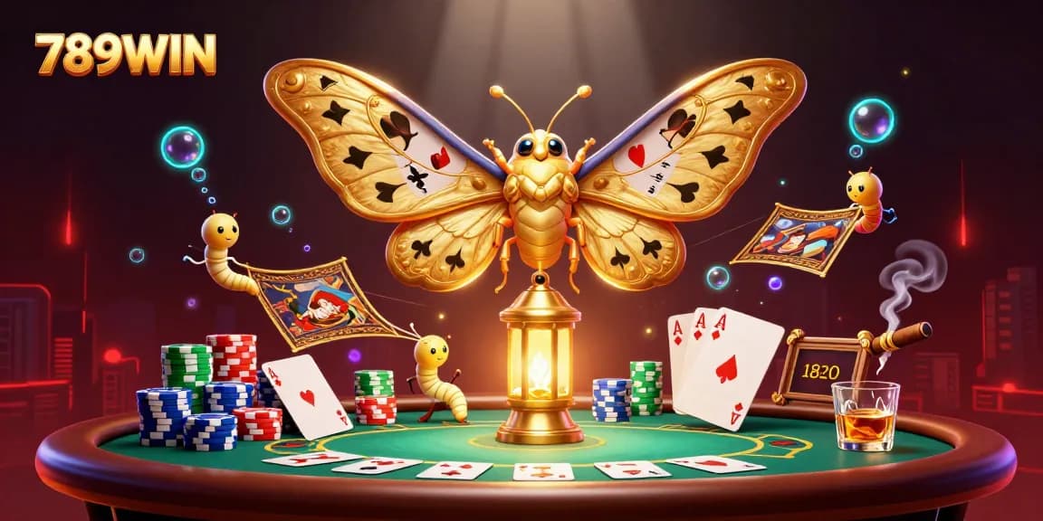 Engage with 789WIN's vibrant 3D casino scene featuring dynamic poker elements and golden moth motifs.