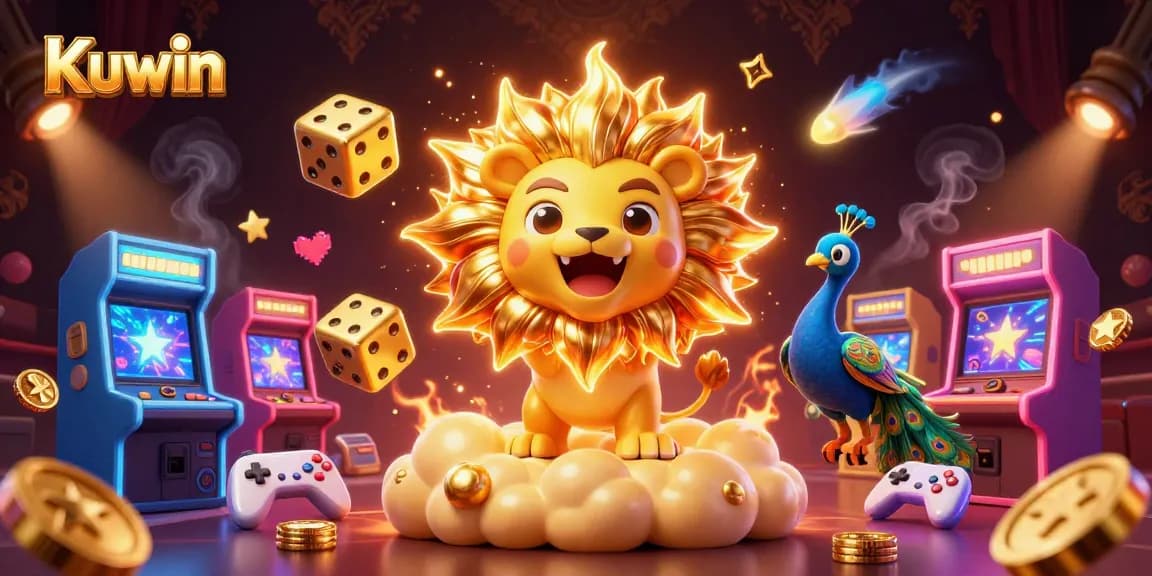 Kuwin shows the triumph of gambling with a sun lion surrounded by golden dice and arcade game elements.