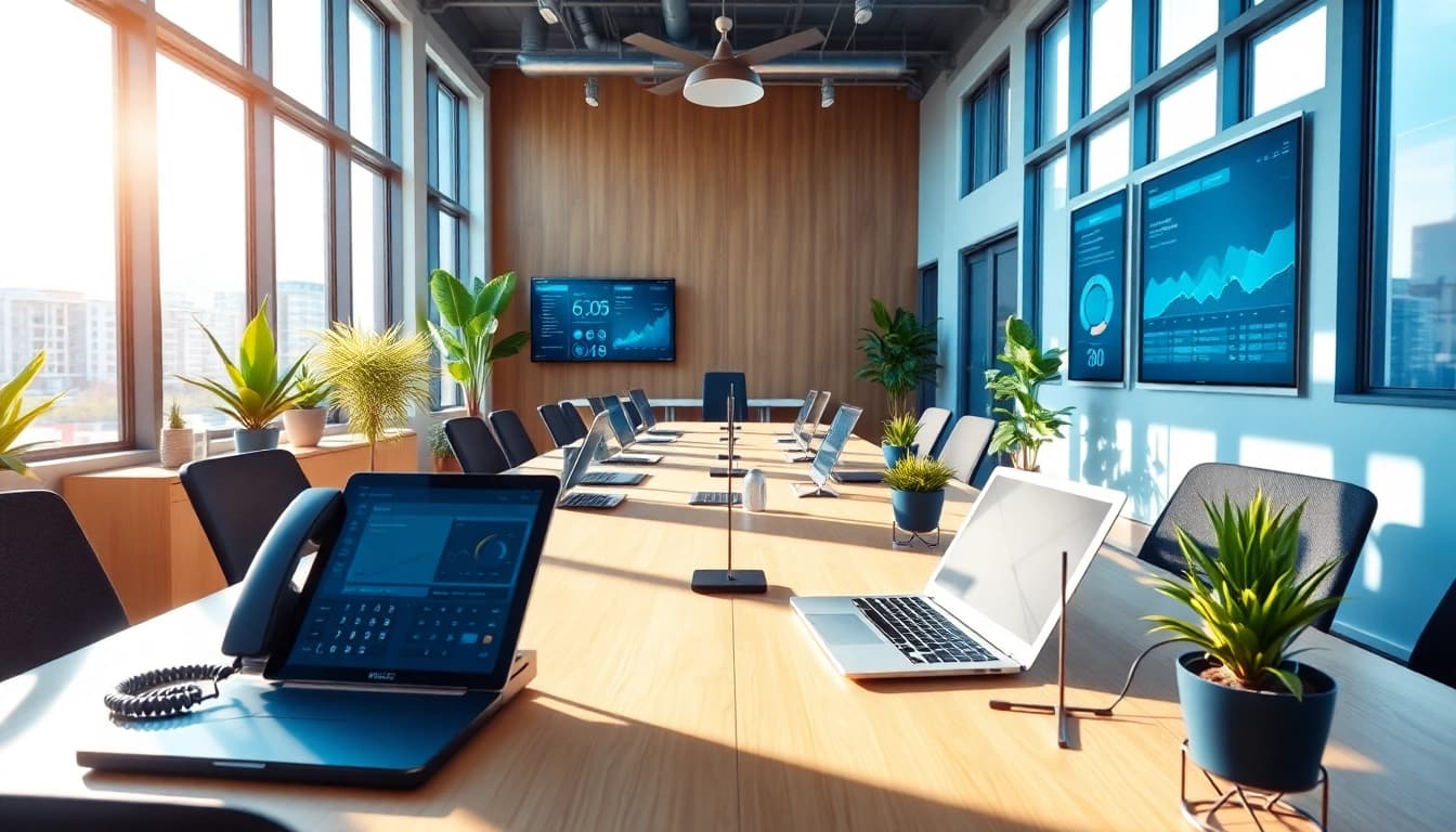 Streamlined business VoIP Glasgow office setup showcasing modern technology and collaborative workspaces.