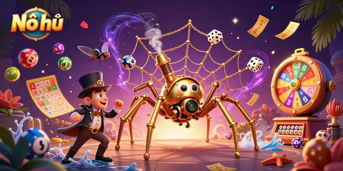 Nổ hũ showcases a dynamic casino scene with a steampunk spider and vibrant game elements.