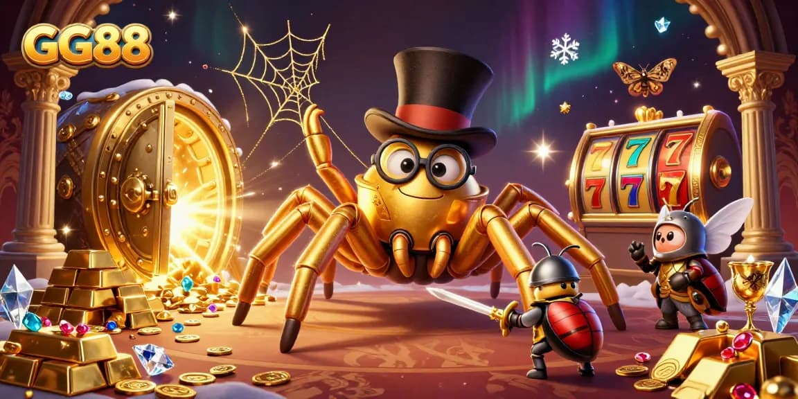 GG88 offers immersive slots experience with vibrant imagery of a cartoon spider and knight.