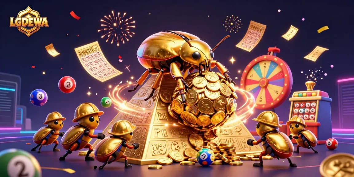 LGODEWA captivates players with vibrant casino-themed illustration featuring golden beetles and lottery elements.