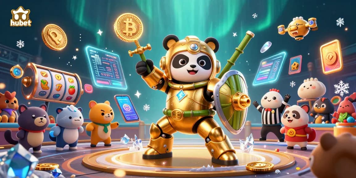 Engage in thrilling hubet gambling with a mech-suit panda in a vibrant casino scene