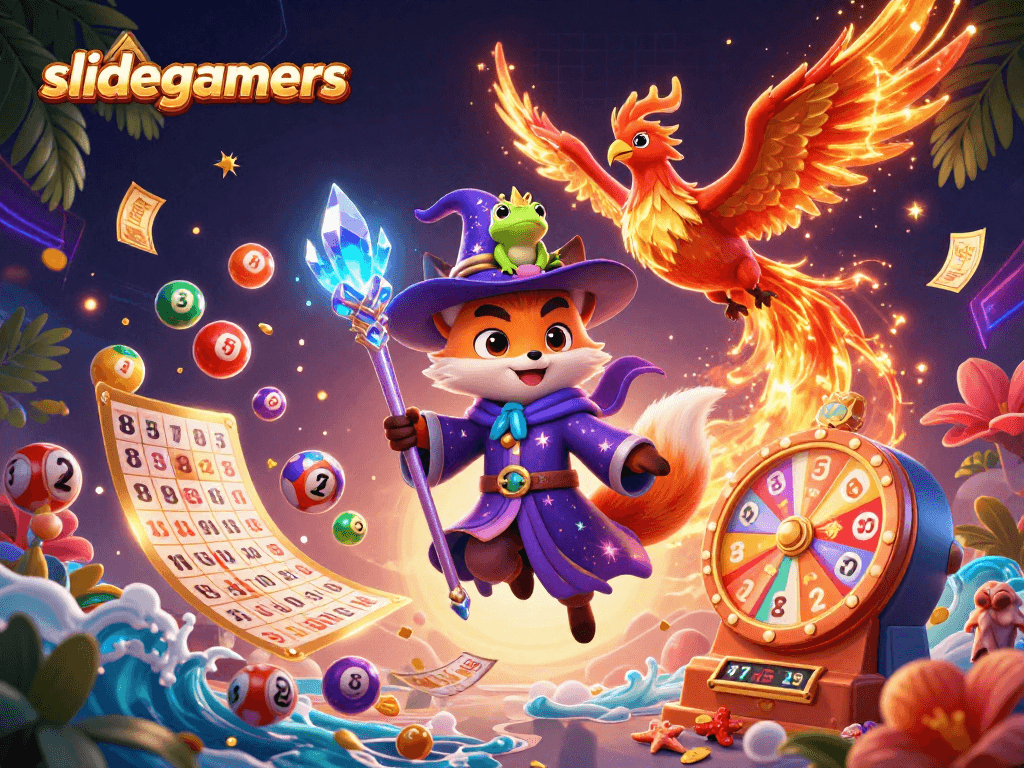 Engage with slidegamers in a vibrant 3D casino scene filled with excitement and action.