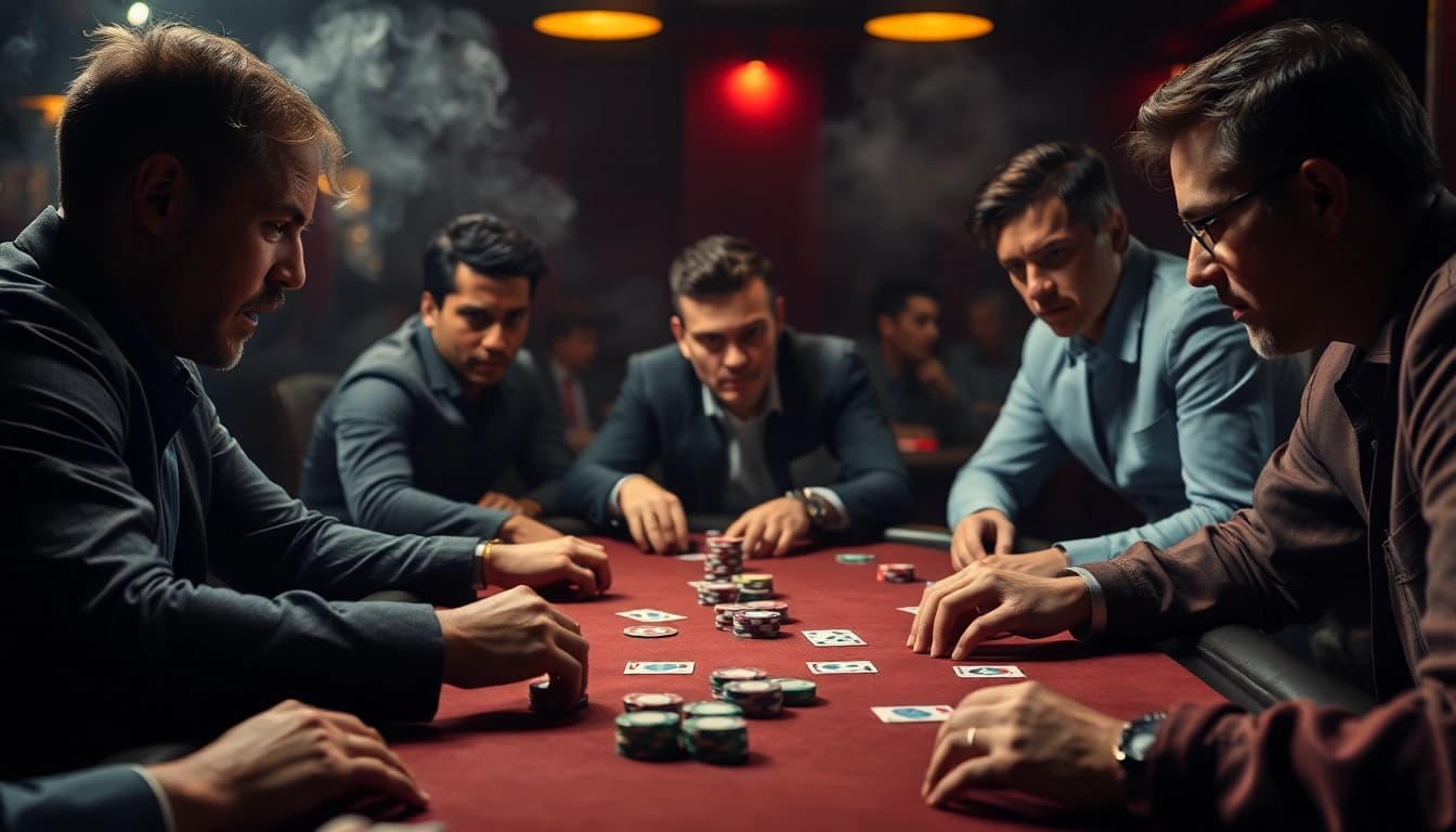 Permainan Poker88 yang menampilkan pemain berkonsentrasi di meja dengan kartu dan chip berwarna.
