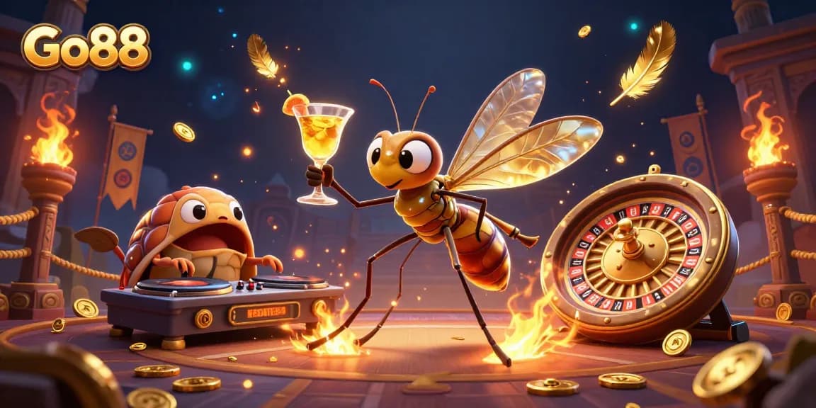 Engage with Go88's energetic casino adventure featuring a frozen mosquito mascot and thrilling gaming elements.