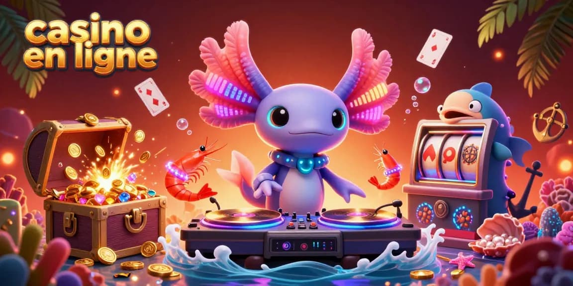 Vibrante scène de casino en ligne avec un DJ axolotl et des éléments de jeu sous-marins.