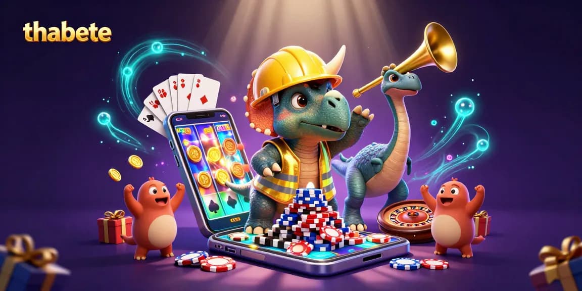 Experience thrill at thabete with vibrant casino elements where cartoon dinosaurs build poker chip pyramids.