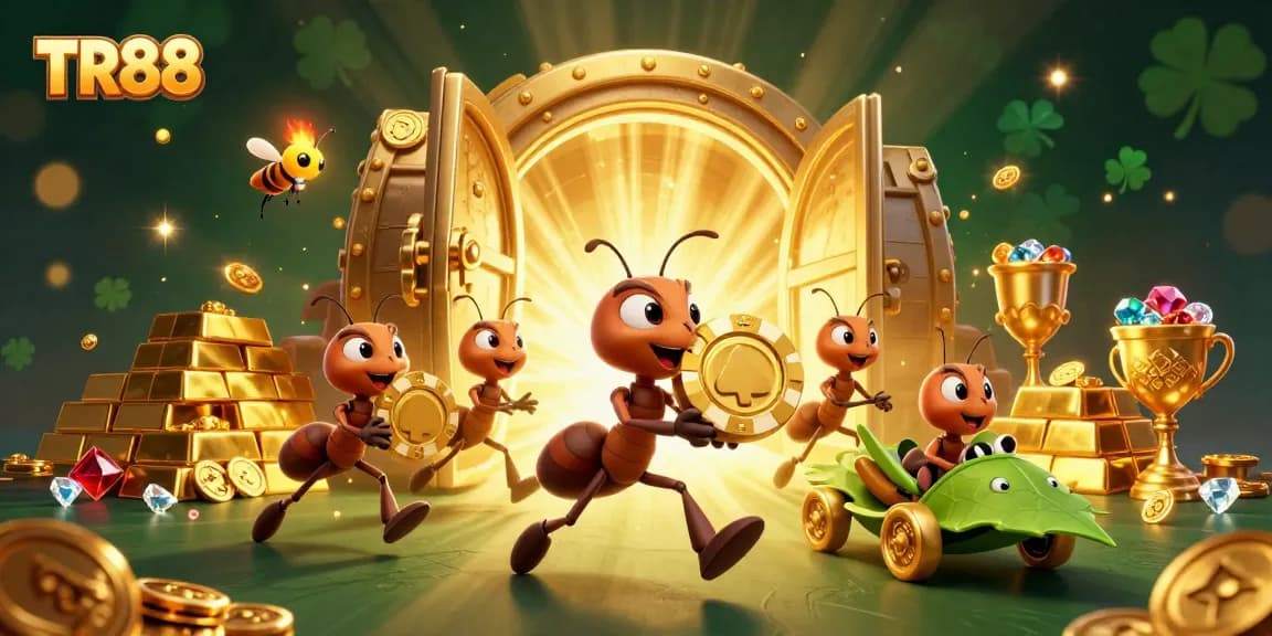 TR88 team of ants escapes with a giant golden poker chip in a vibrant casino heist scene.