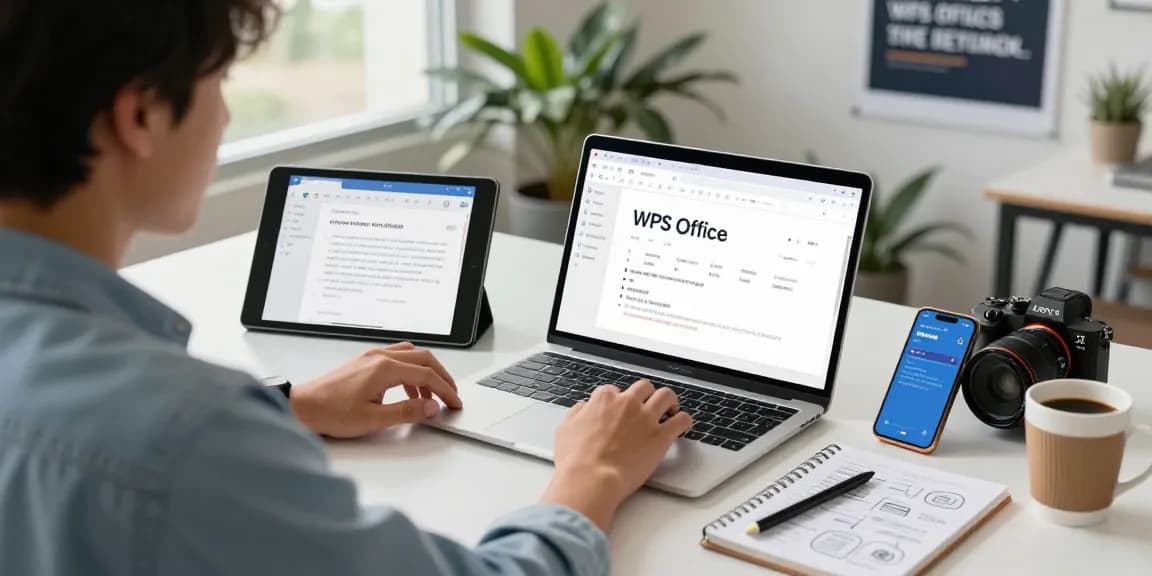 使用WPS Office 下载同步文档的现代办公场景，展示设备间流畅的协作。