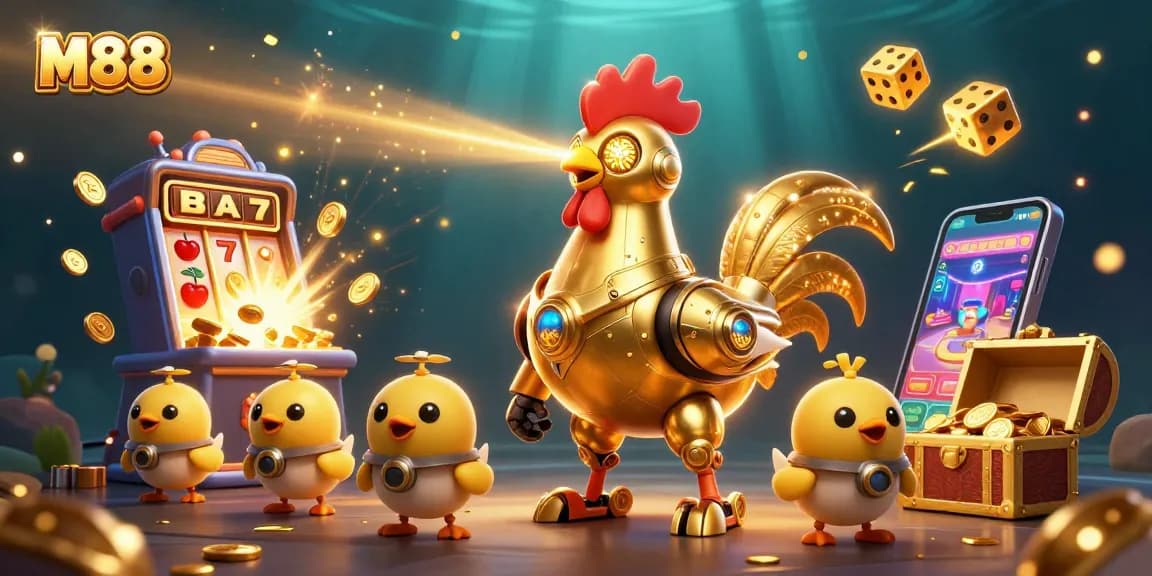 M88's vibrant 3D casino illustration showcases thrilling gaming action with golden rooster robot and exciting bonuses.